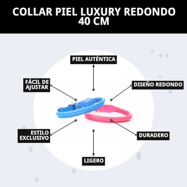 Collar piel de lujo, redondo, 40 cm, resistente y ajustable para perros y gatos. Diseño exclusivo y duradero.