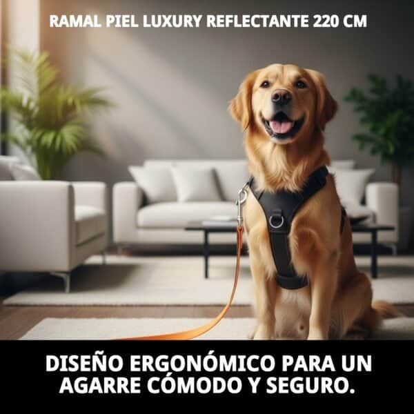 Ramal piel reflejante de lujo para perros, 220 cm, ideal para paseos nocturnos seguros.