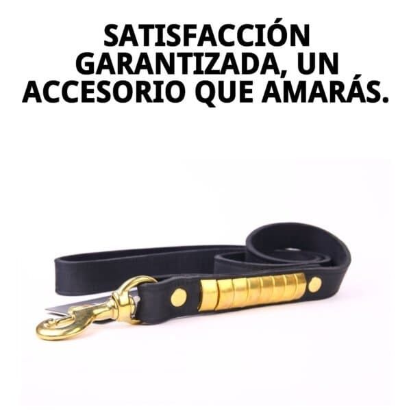 Ramal de piel negro con detalles dorados para mascotas, 110 cm de longitud, estilo elegante y resistente.