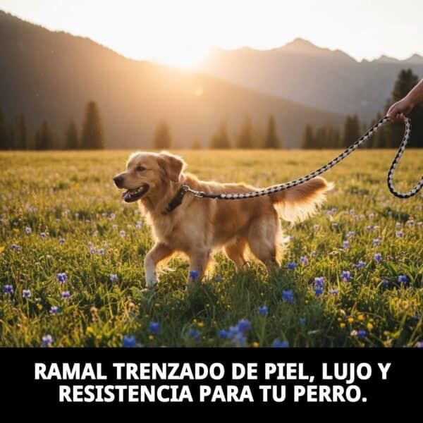 Correa perro cuero trenzado 120 cm, resistente y elegante. Ideal para paseos con tu mascota en naturaleza.
