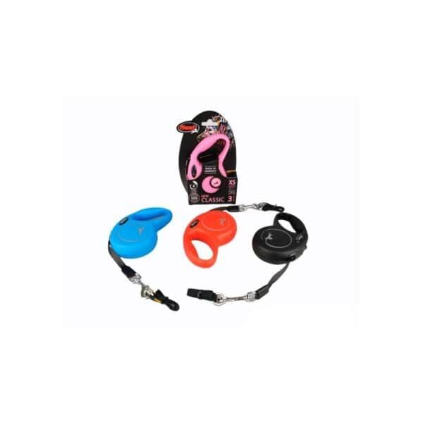 Correa extensible para perros en colores rosa, rojo y azul, con control y libertad para pasear.