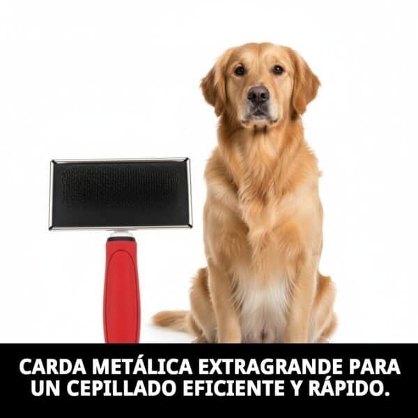 Cepillo para perros grandes con carda metálica extragrande, ideal para pelajes medios y largos, fácil y rápido de manejar.