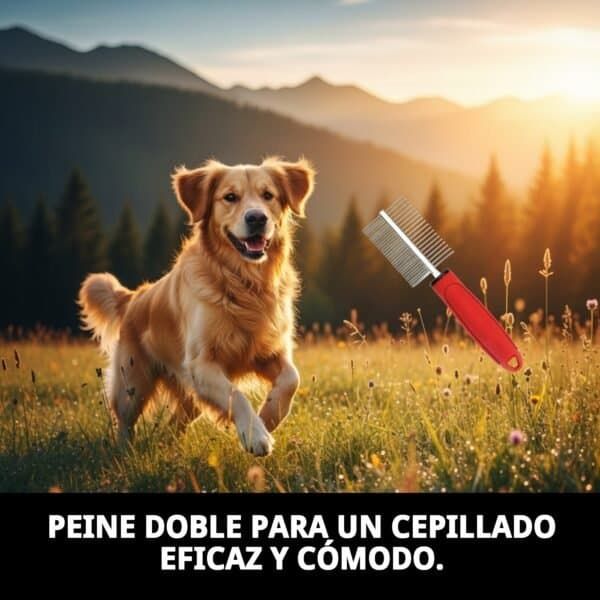 Peine doble para perros y gatos, fácil de usar para desenredar y alisar el pelaje. Ideal para un cuidado eficaz y cómodo.