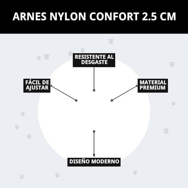 Arnés de nylon acolchado para perros, resistente y seguro, fácil de ajustar, con diseño moderno y material premium.