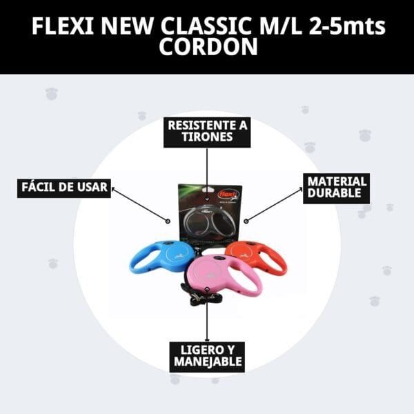correa extensible flexi new classic m/l 5 m cordón | control y libertad para perros medianos y grandes