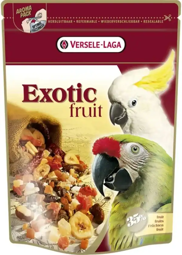 Alimento para loros con fruta exótica, 750g de Versele-Laga, ideal para la salud y entretenimiento de tus aves.