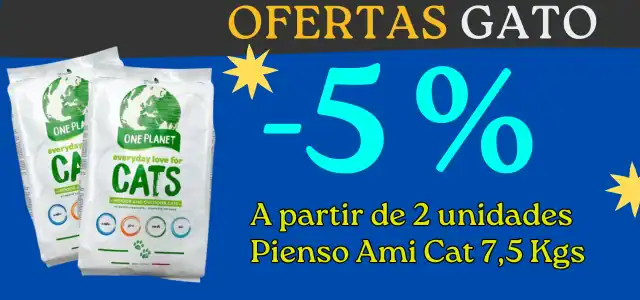 Oferta para gatos en tienda mascotas con 5% de descuento en pienso Ami Cat 7,5 Kgs.