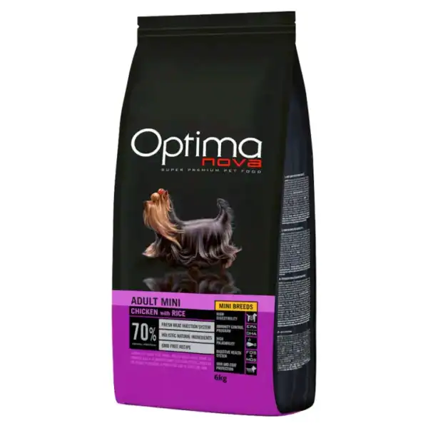 Alimento para perros adultos mini con pollo y arroz, 6 kg, ingredientes naturales, digestión saludable, alta calidad.