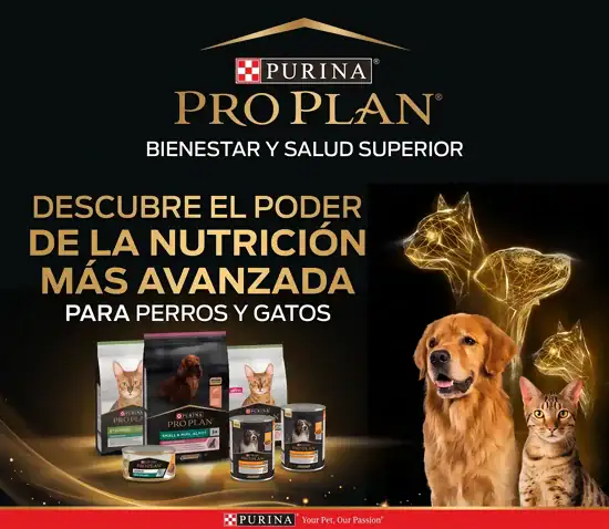 Anuncio de comida Purina Pro Plan para perros y gatos.